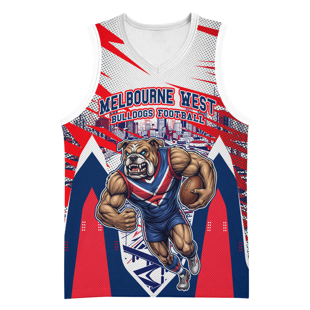 Personalised Western Bulldogs Fan Pride Basketball Jersey Muscular Bulldog Mascot Graphic Art With Melbourne City Skyline
