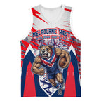 Personalised Western Bulldogs Fan Pride Basketball Jersey Muscular Bulldog Mascot Graphic Art With Melbourne City Skyline