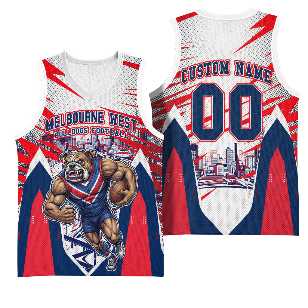 Personalised Western Bulldogs Fan Pride Basketball Jersey Muscular Bulldog Mascot Graphic Art With Melbourne City Skyline