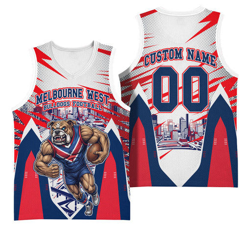 Personalised Western Bulldogs Fan Pride Basketball Jersey Muscular Bulldog Mascot Graphic Art With Melbourne City Skyline