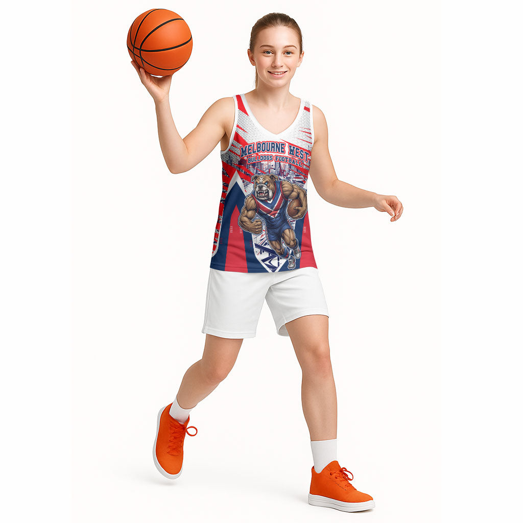 Personalised Western Bulldogs Fan Pride Basketball Jersey Muscular Bulldog Mascot Graphic Art With Melbourne City Skyline