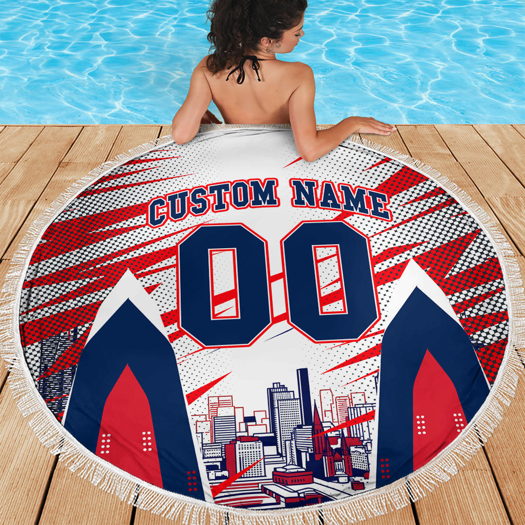 Personalised Western Bulldogs Fan Pride Beach Blanket Muscular Bulldog Mascot Graphic Art With Melbourne City Skyline