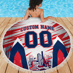 Personalised Western Bulldogs Fan Pride Beach Blanket Muscular Bulldog Mascot Graphic Art With Melbourne City Skyline