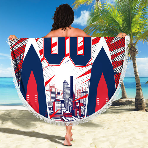 Personalised Western Bulldogs Fan Pride Beach Blanket Muscular Bulldog Mascot Graphic Art With Melbourne City Skyline
