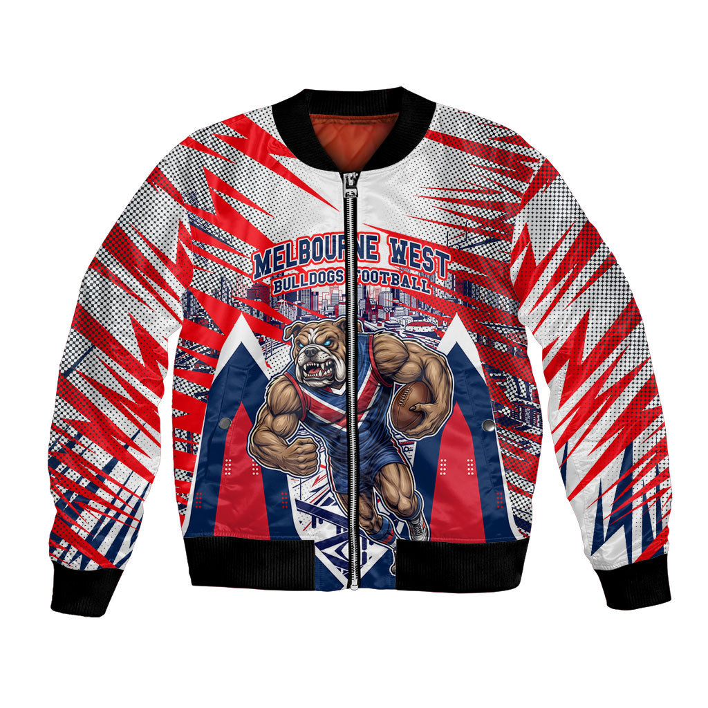 Personalised Western Bulldogs Fan Pride Bomber Jacket Muscular Bulldog Mascot Graphic Art With Melbourne City Skyline