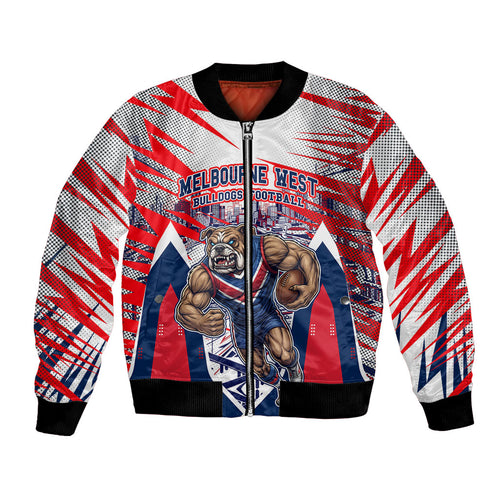 Personalised Western Bulldogs Fan Pride Bomber Jacket Muscular Bulldog Mascot Graphic Art With Melbourne City Skyline