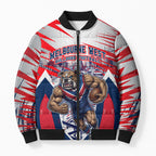 Personalised Western Bulldogs Fan Pride Bomber Puffer Jacket Muscular Bulldog Mascot Graphic Art With Melbourne City Skyline
