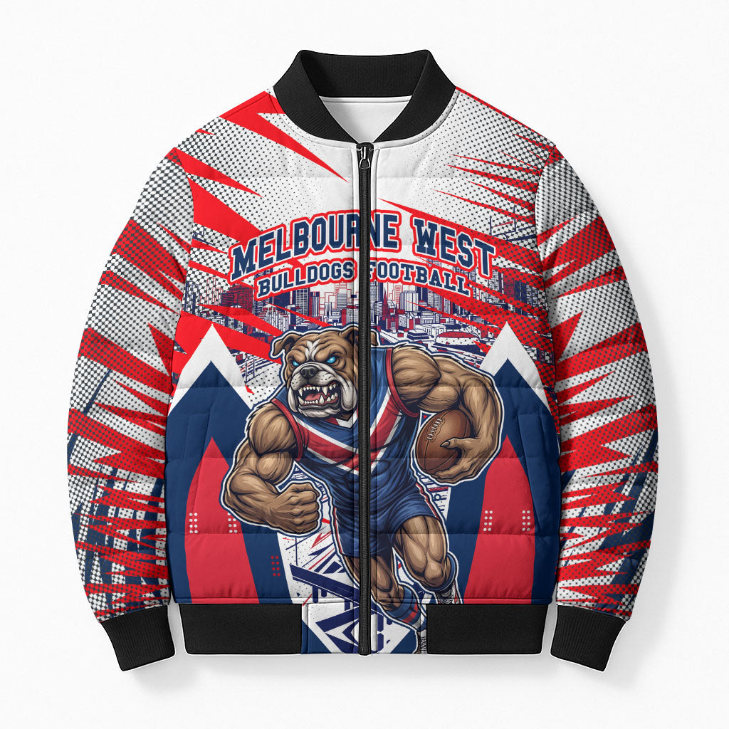Personalised Western Bulldogs Fan Pride Bomber Puffer Jacket Muscular Bulldog Mascot Graphic Art With Melbourne City Skyline