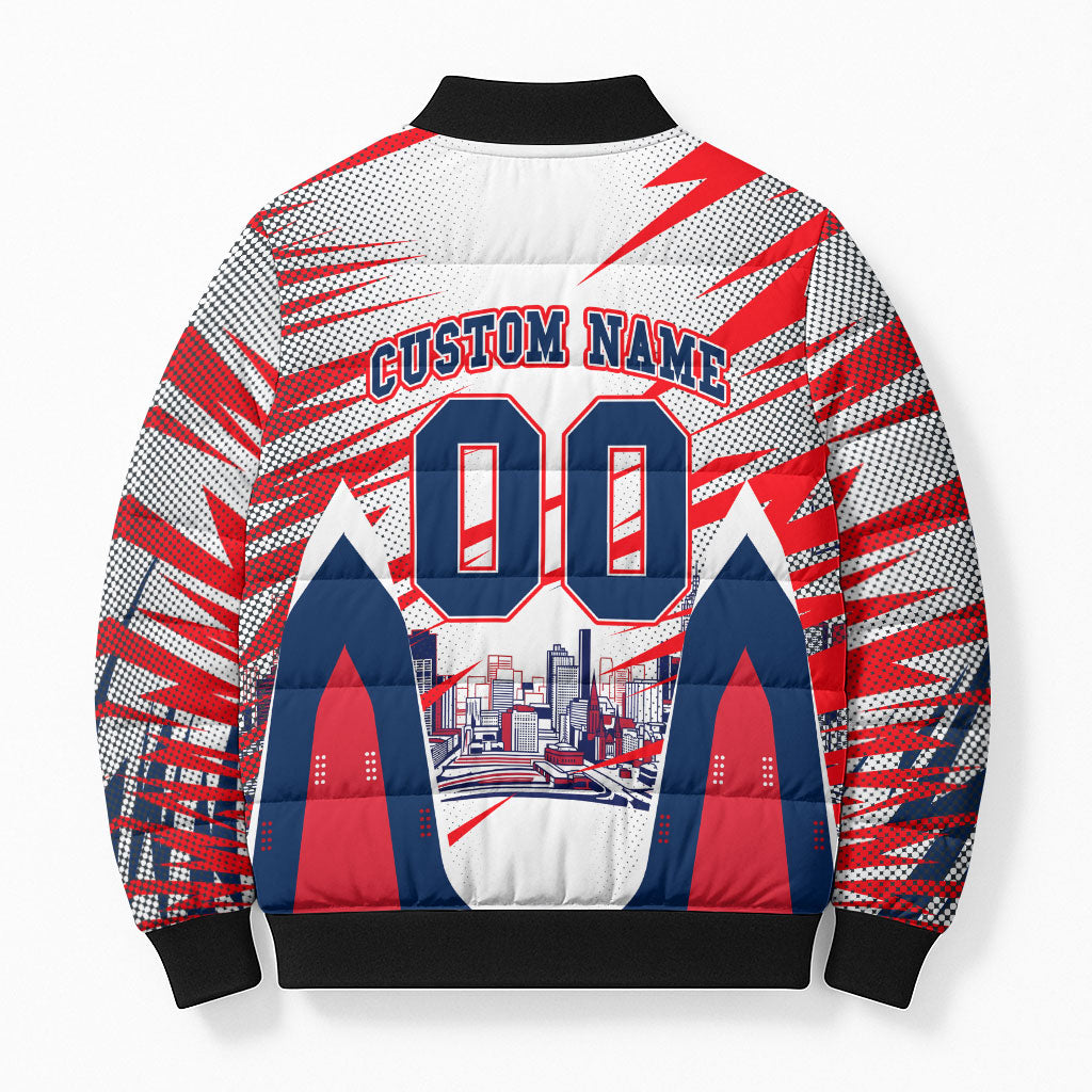 Personalised Western Bulldogs Fan Pride Bomber Puffer Jacket Muscular Bulldog Mascot Graphic Art With Melbourne City Skyline