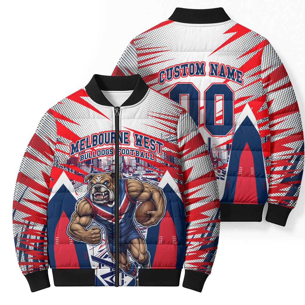 Personalised Western Bulldogs Fan Pride Bomber Puffer Jacket Muscular Bulldog Mascot Graphic Art With Melbourne City Skyline