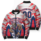 Personalised Western Bulldogs Fan Pride Bomber Puffer Jacket Muscular Bulldog Mascot Graphic Art With Melbourne City Skyline