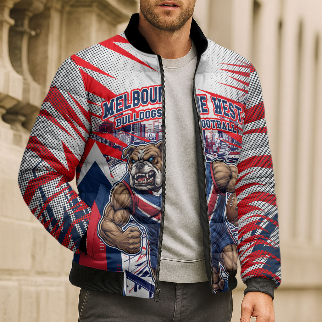 Personalised Western Bulldogs Fan Pride Bomber Puffer Jacket Muscular Bulldog Mascot Graphic Art With Melbourne City Skyline
