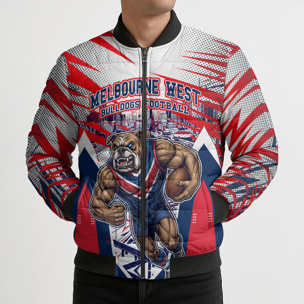 Personalised Western Bulldogs Fan Pride Bomber Puffer Jacket Muscular Bulldog Mascot Graphic Art With Melbourne City Skyline