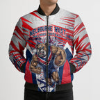 Personalised Western Bulldogs Fan Pride Bomber Puffer Jacket Muscular Bulldog Mascot Graphic Art With Melbourne City Skyline