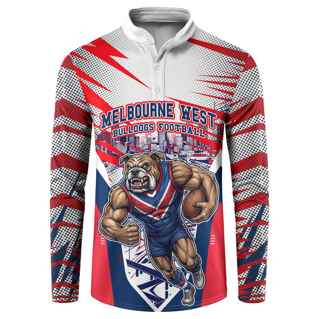 Personalised Western Bulldogs Fan Pride Button Sweatshirt Muscular Bulldog Mascot Graphic Art With Melbourne City Skyline