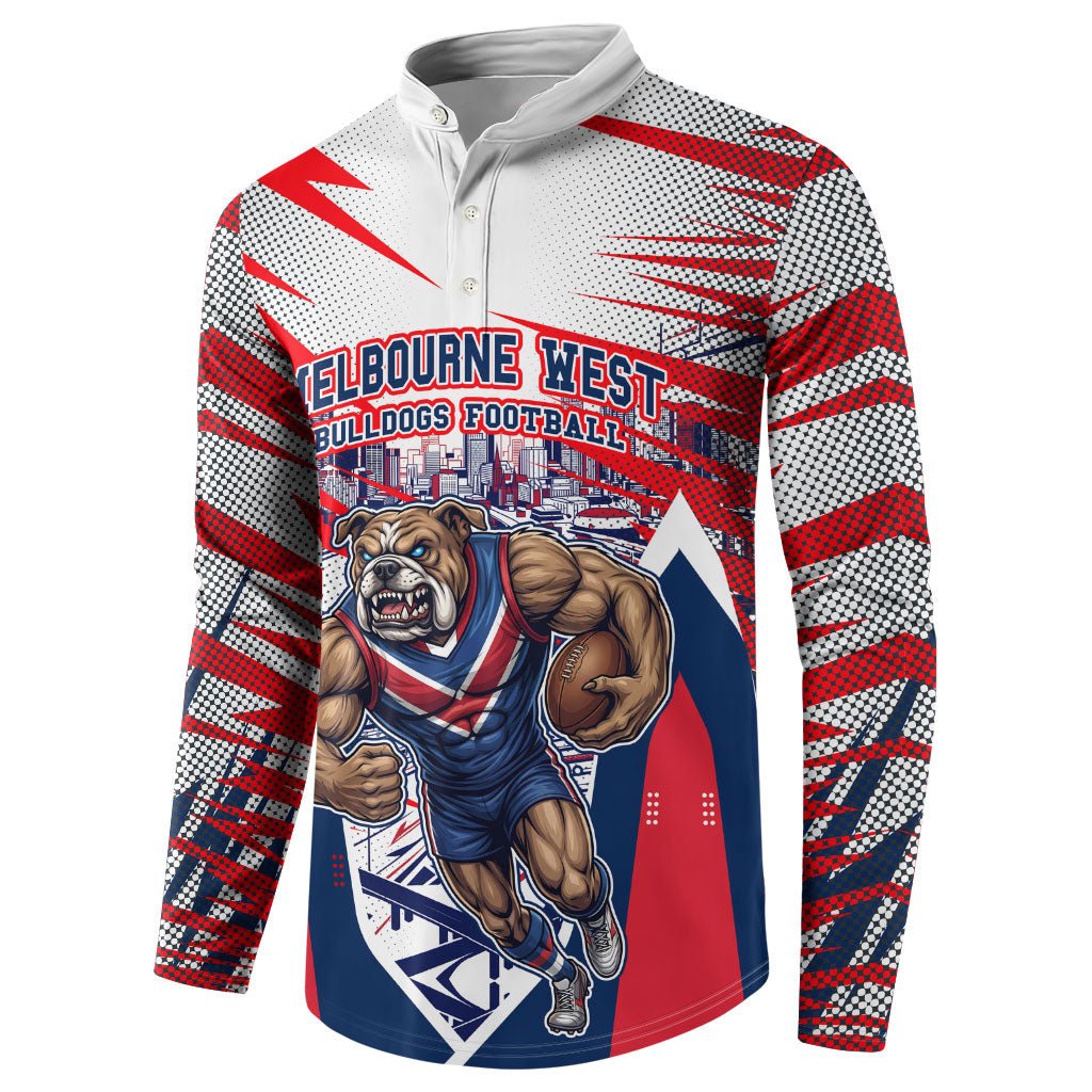 Personalised Western Bulldogs Fan Pride Button Sweatshirt Muscular Bulldog Mascot Graphic Art With Melbourne City Skyline