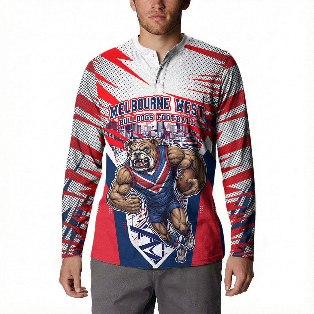 Personalised Western Bulldogs Fan Pride Button Sweatshirt Muscular Bulldog Mascot Graphic Art With Melbourne City Skyline
