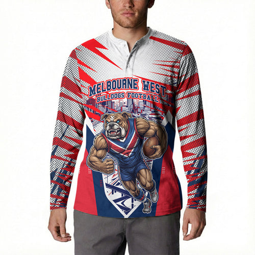Personalised Western Bulldogs Fan Pride Button Sweatshirt Muscular Bulldog Mascot Graphic Art With Melbourne City Skyline