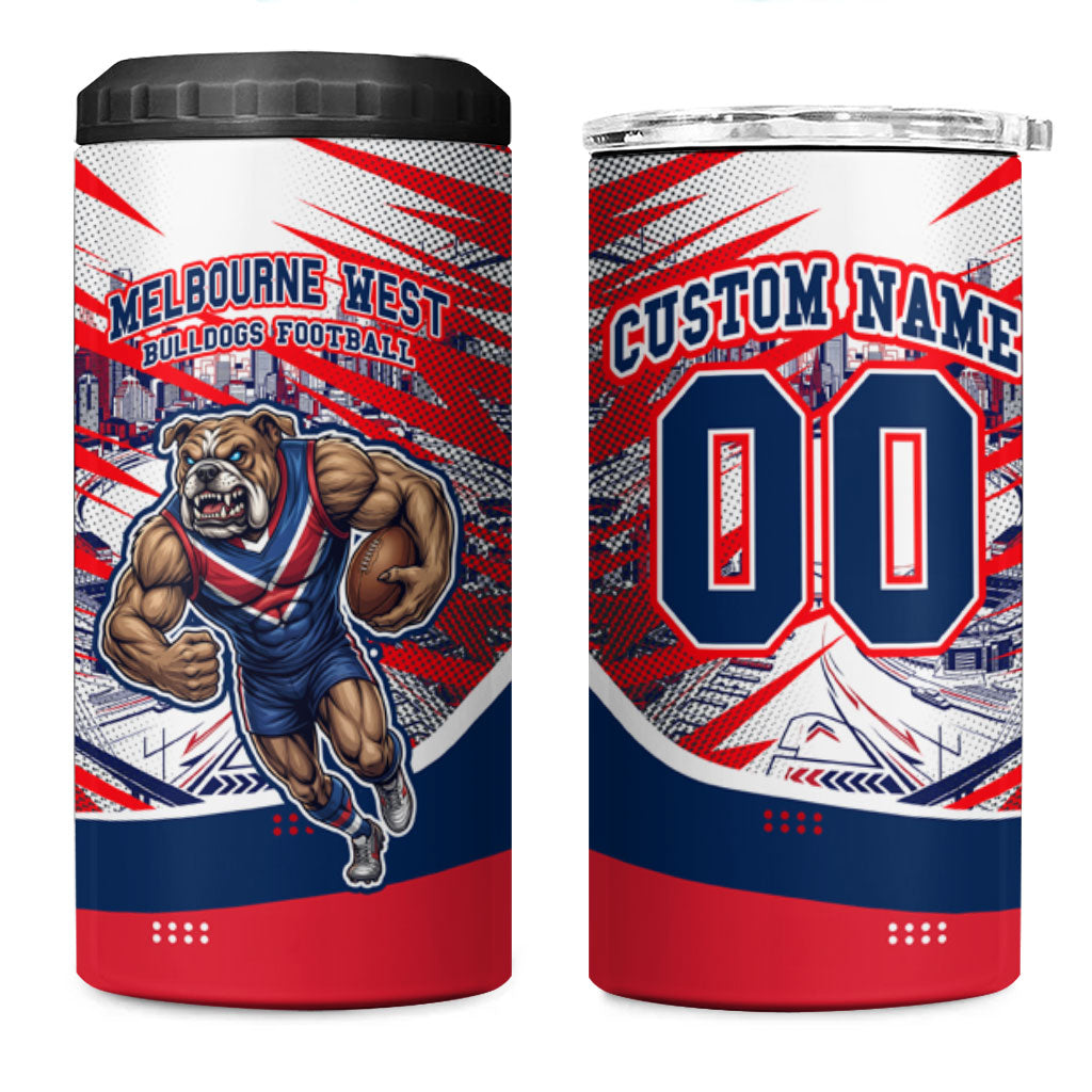 Personalised Western Bulldogs Fan Pride 4 in 1 Can Cooler Tumbler Muscular Bulldog Mascot Graphic Art With Melbourne City Skyline
