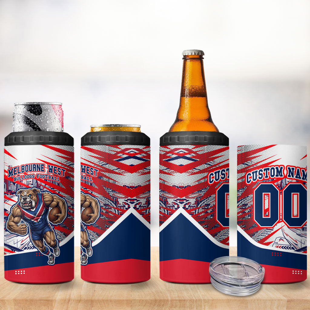 Personalised Western Bulldogs Fan Pride 4 in 1 Can Cooler Tumbler Muscular Bulldog Mascot Graphic Art With Melbourne City Skyline