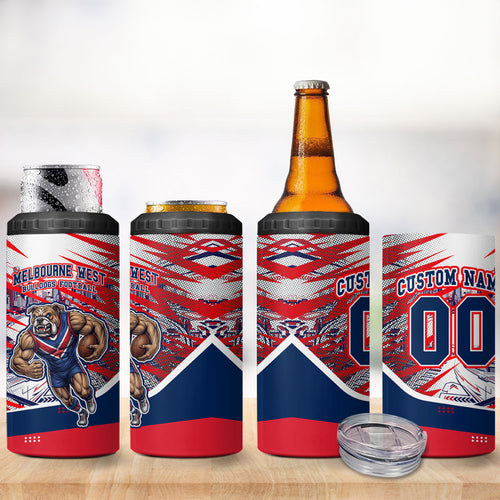 Personalised Western Bulldogs Fan Pride 4 in 1 Can Cooler Tumbler Muscular Bulldog Mascot Graphic Art With Melbourne City Skyline