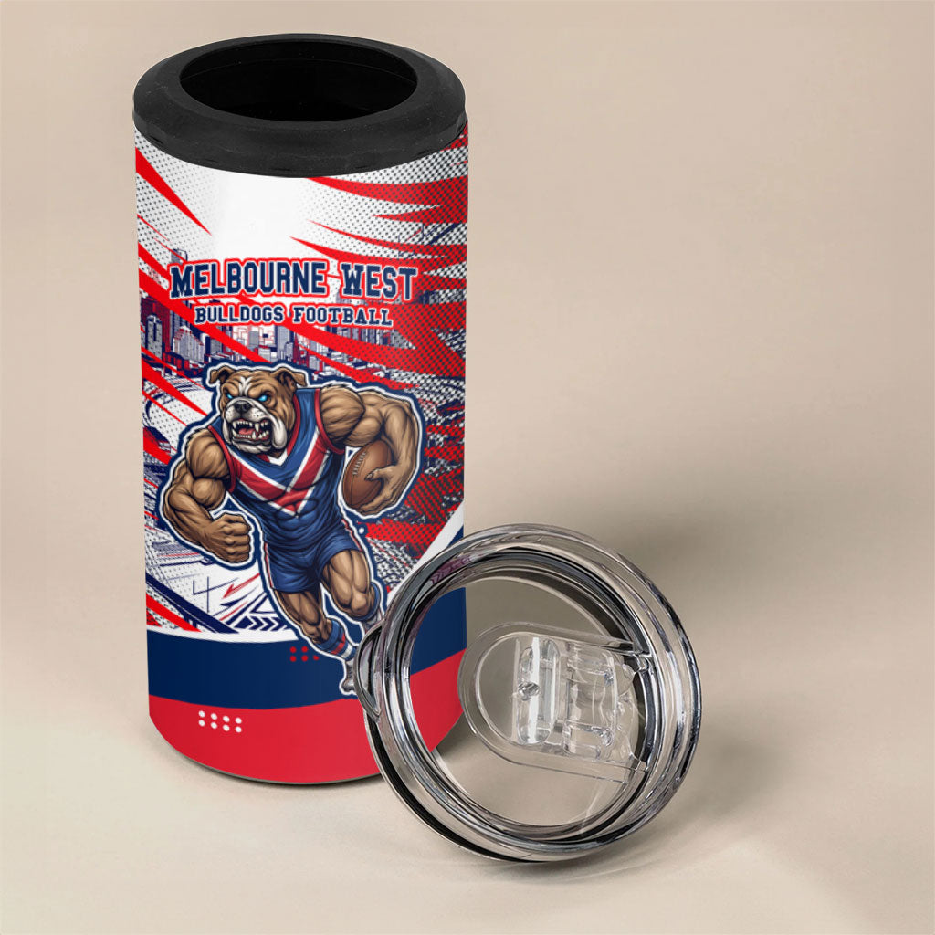 Personalised Western Bulldogs Fan Pride 4 in 1 Can Cooler Tumbler Muscular Bulldog Mascot Graphic Art With Melbourne City Skyline