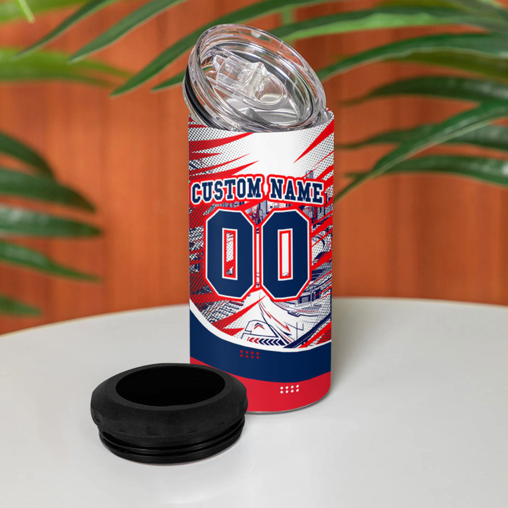 Personalised Western Bulldogs Fan Pride 4 in 1 Can Cooler Tumbler Muscular Bulldog Mascot Graphic Art With Melbourne City Skyline