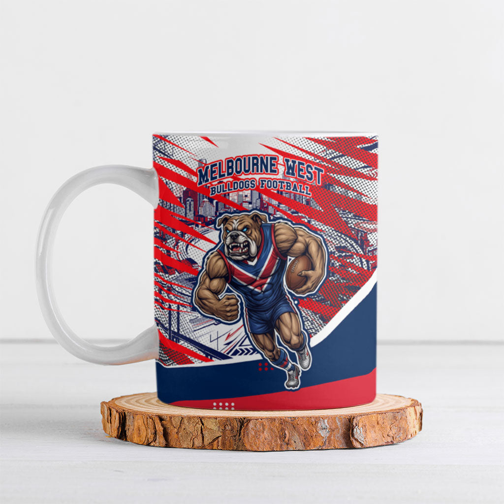 Personalised Western Bulldogs Fan Pride Ceramic Mug Muscular Bulldog Mascot Graphic Art With Melbourne City Skyline