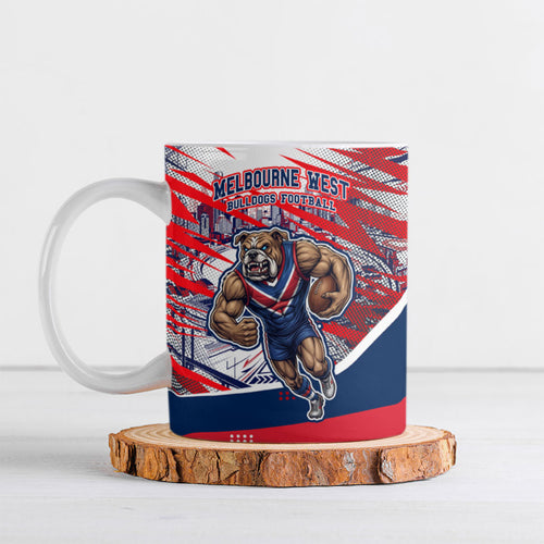 Personalised Western Bulldogs Fan Pride Ceramic Mug Muscular Bulldog Mascot Graphic Art With Melbourne City Skyline