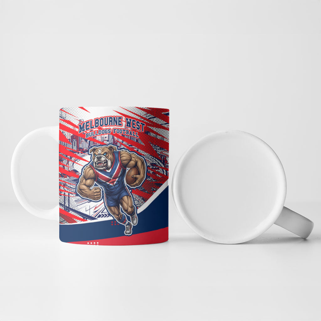 Personalised Western Bulldogs Fan Pride Ceramic Mug Muscular Bulldog Mascot Graphic Art With Melbourne City Skyline