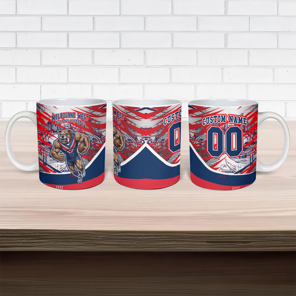 Personalised Western Bulldogs Fan Pride Ceramic Mug Muscular Bulldog Mascot Graphic Art With Melbourne City Skyline