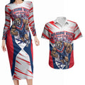 Personalised Western Bulldogs Fan Pride Couples Matching Long Sleeve Bodycon Dress and Hawaiian Shirt Muscular Bulldog Mascot Graphic Art With Melbourne City Skyline