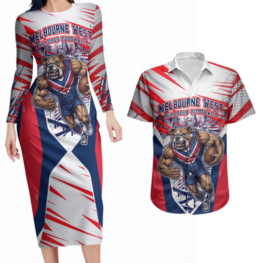 Personalised Western Bulldogs Fan Pride Couples Matching Long Sleeve Bodycon Dress and Hawaiian Shirt Muscular Bulldog Mascot Graphic Art With Melbourne City Skyline
