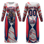 Personalised Western Bulldogs Fan Pride Couples Matching Long Sleeve Bodycon Dress and Hawaiian Shirt Muscular Bulldog Mascot Graphic Art With Melbourne City Skyline