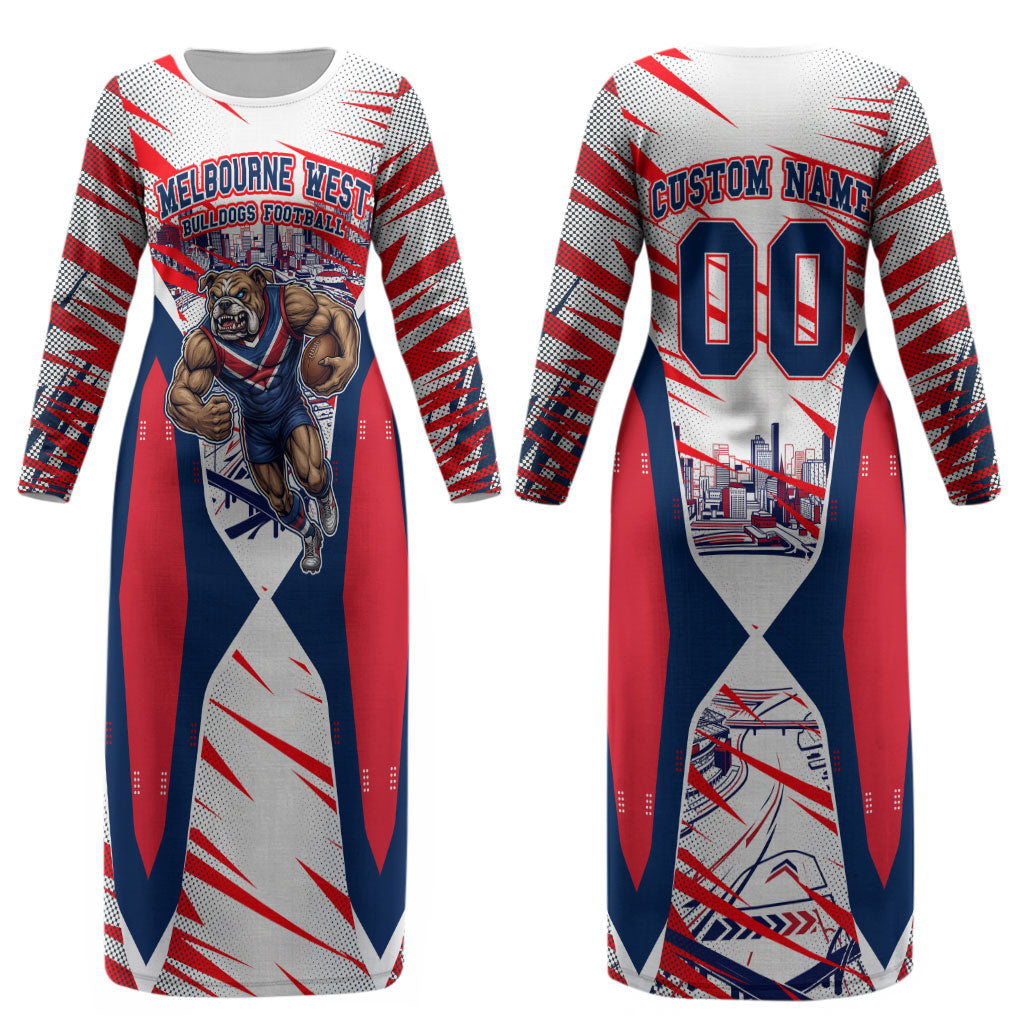 Personalised Western Bulldogs Fan Pride Couples Matching Long Sleeve Bodycon Dress and Hawaiian Shirt Muscular Bulldog Mascot Graphic Art With Melbourne City Skyline