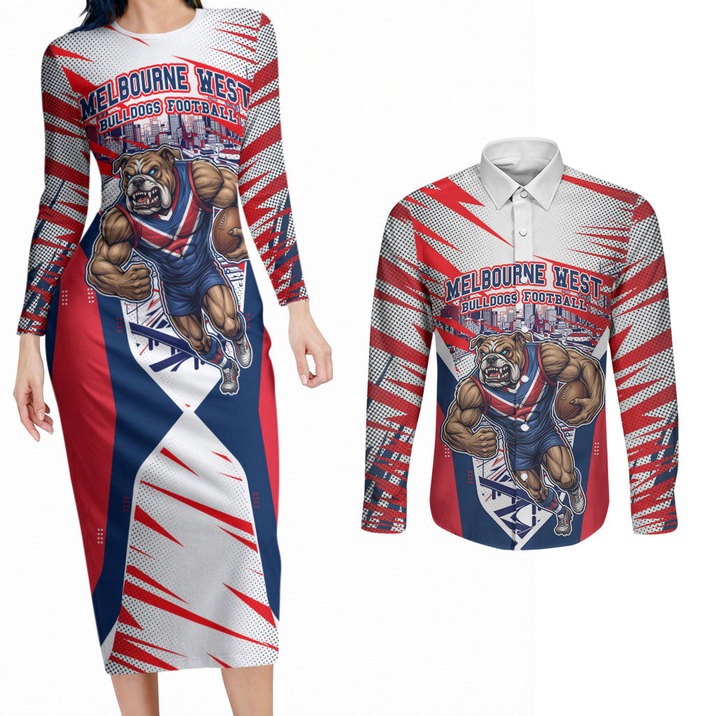 Personalised Western Bulldogs Fan Pride Couples Matching Long Sleeve Bodycon Dress and Long Sleeve Button Shirt Muscular Bulldog Mascot Graphic Art With Melbourne City Skyline