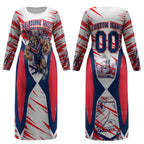 Personalised Western Bulldogs Fan Pride Couples Matching Long Sleeve Bodycon Dress and Long Sleeve Button Shirt Muscular Bulldog Mascot Graphic Art With Melbourne City Skyline