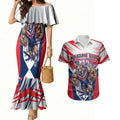 Personalised Western Bulldogs Fan Pride Couples Matching Mermaid Dress and Hawaiian Shirt Muscular Bulldog Mascot Graphic Art With Melbourne City Skyline