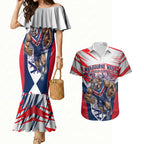 Personalised Western Bulldogs Fan Pride Couples Matching Mermaid Dress and Hawaiian Shirt Muscular Bulldog Mascot Graphic Art With Melbourne City Skyline