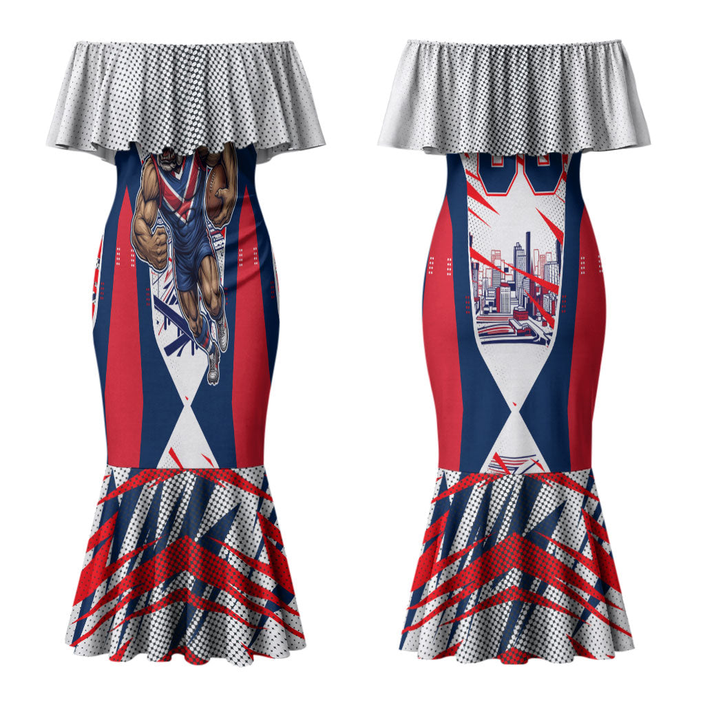 Personalised Western Bulldogs Fan Pride Couples Matching Mermaid Dress and Hawaiian Shirt Muscular Bulldog Mascot Graphic Art With Melbourne City Skyline