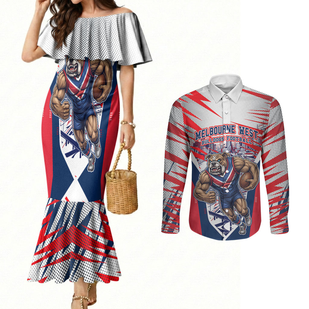 Personalised Western Bulldogs Fan Pride Couples Matching Mermaid Dress and Long Sleeve Button Shirt Muscular Bulldog Mascot Graphic Art With Melbourne City Skyline