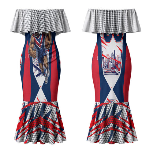 Personalised Western Bulldogs Fan Pride Couples Matching Mermaid Dress and Long Sleeve Button Shirt Muscular Bulldog Mascot Graphic Art With Melbourne City Skyline