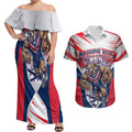Personalised Western Bulldogs Fan Pride Couples Matching Off Shoulder Maxi Dress and Hawaiian Shirt Muscular Bulldog Mascot Graphic Art With Melbourne City Skyline