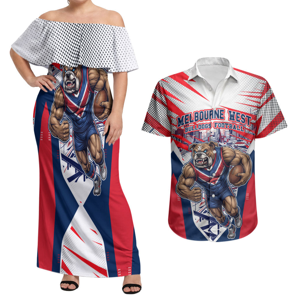 Personalised Western Bulldogs Fan Pride Couples Matching Off Shoulder Maxi Dress and Hawaiian Shirt Muscular Bulldog Mascot Graphic Art With Melbourne City Skyline