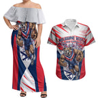 Personalised Western Bulldogs Fan Pride Couples Matching Off Shoulder Maxi Dress and Hawaiian Shirt Muscular Bulldog Mascot Graphic Art With Melbourne City Skyline