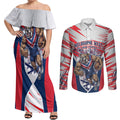 Personalised Western Bulldogs Fan Pride Couples Matching Off Shoulder Maxi Dress and Long Sleeve Button Shirt Muscular Bulldog Mascot Graphic Art With Melbourne City Skyline