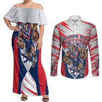 Personalised Western Bulldogs Fan Pride Couples Matching Off Shoulder Maxi Dress and Long Sleeve Button Shirt Muscular Bulldog Mascot Graphic Art With Melbourne City Skyline