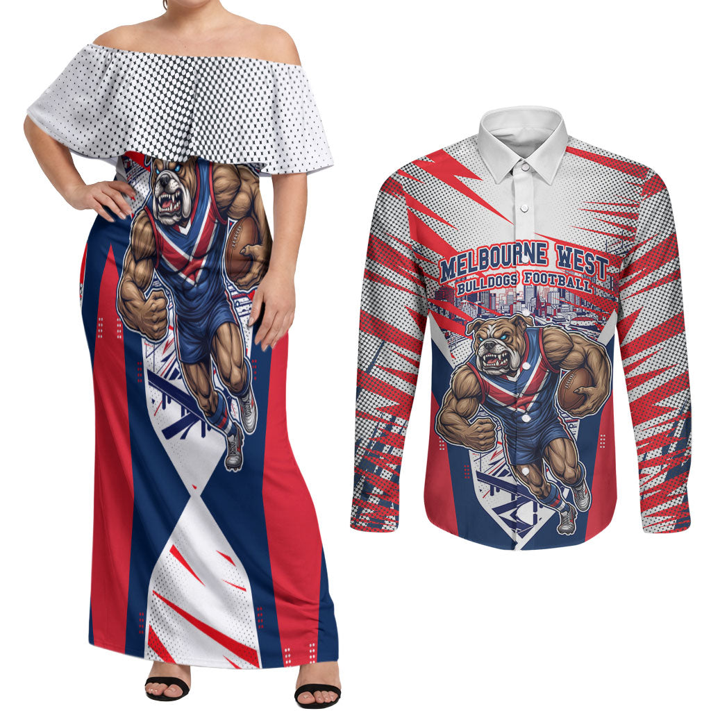 Personalised Western Bulldogs Fan Pride Couples Matching Off Shoulder Maxi Dress and Long Sleeve Button Shirt Muscular Bulldog Mascot Graphic Art With Melbourne City Skyline