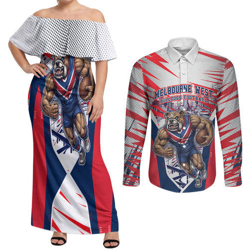 Personalised Western Bulldogs Fan Pride Couples Matching Off Shoulder Maxi Dress and Long Sleeve Button Shirt Muscular Bulldog Mascot Graphic Art With Melbourne City Skyline