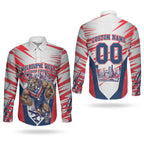 Personalised Western Bulldogs Fan Pride Couples Matching Off Shoulder Maxi Dress and Long Sleeve Button Shirt Muscular Bulldog Mascot Graphic Art With Melbourne City Skyline